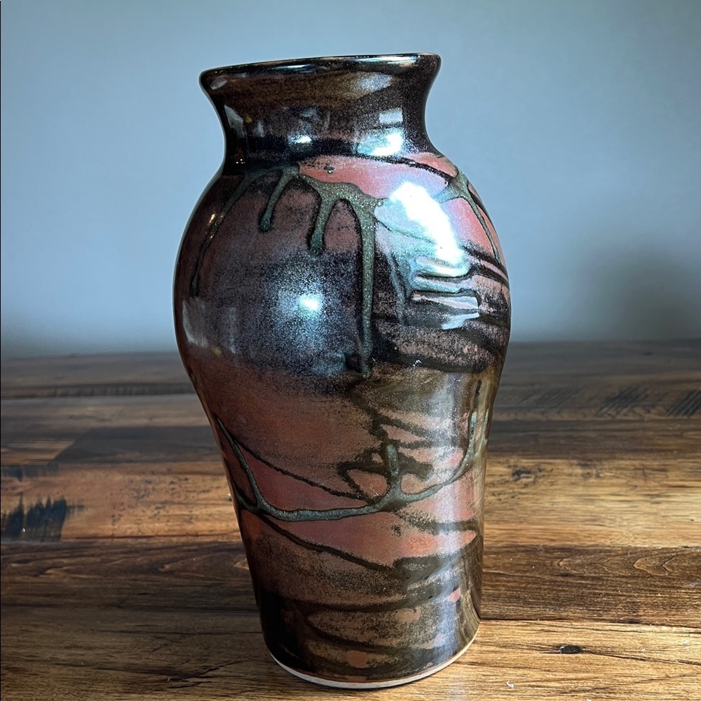 Unique Studio Pottery Drip Glaze Black & Rust Heavy Beautiful Vase